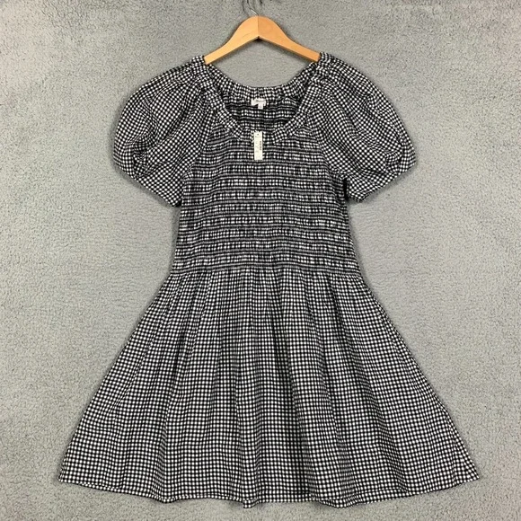 Madewell Mini Dress Size Large Black/White Gingham Smocked U-Neck Linen NWT $119 - Picture 2 of 11
